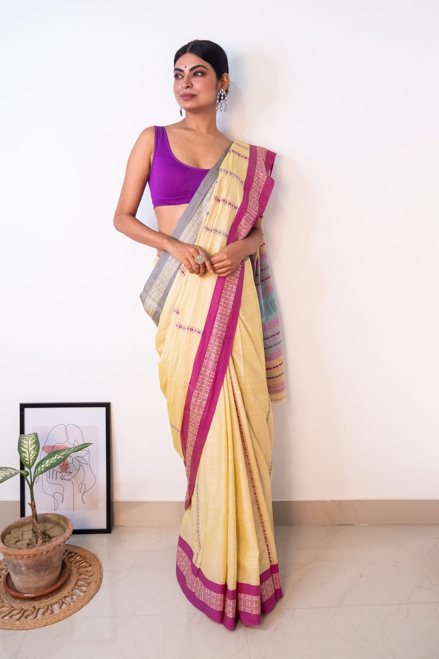 Butter Yellow Begumpuri Cotton Handloom Saree with Ganga Jamuna Borders