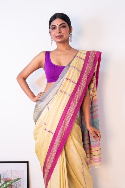 Butter Yellow Begumpuri Cotton Handloom Saree with Ganga Jamuna Borders