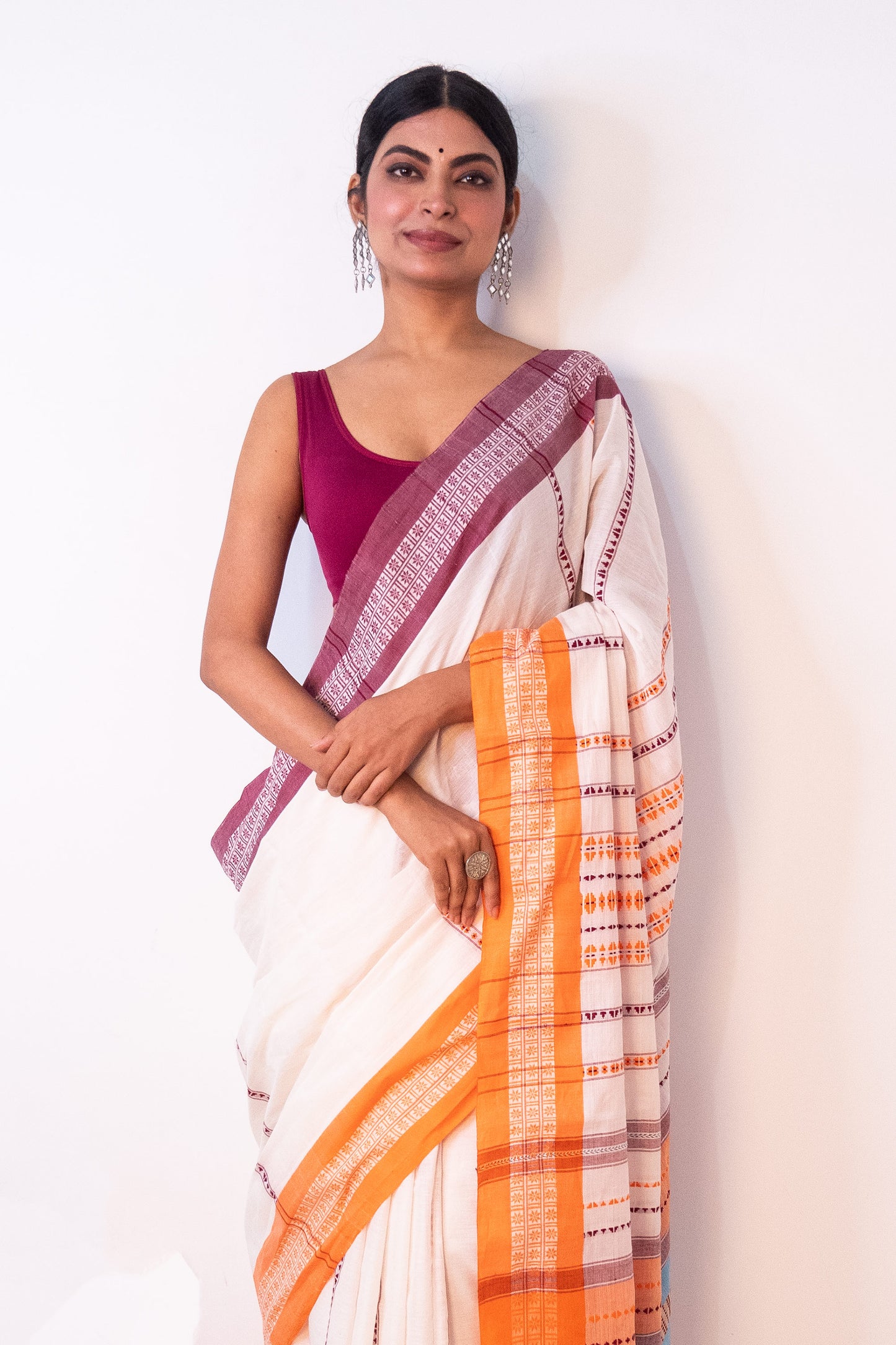 White Begumpuri Cotton Handloom Saree with Ganga Jamuna Borders