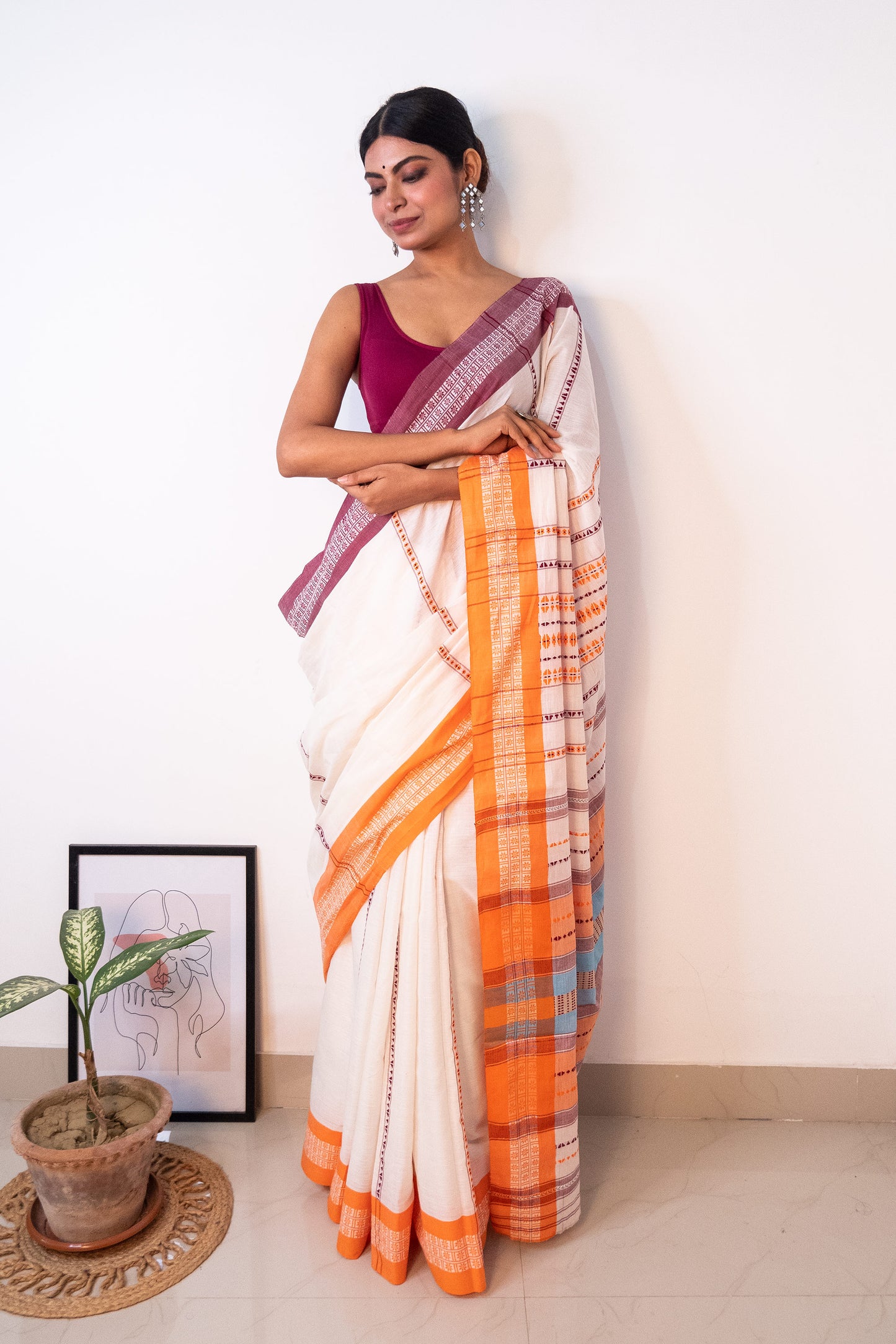 White Begumpuri Cotton Handloom Saree with Ganga Jamuna Borders