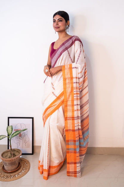 White Begumpuri Cotton Handloom Saree with Ganga Jamuna Borders