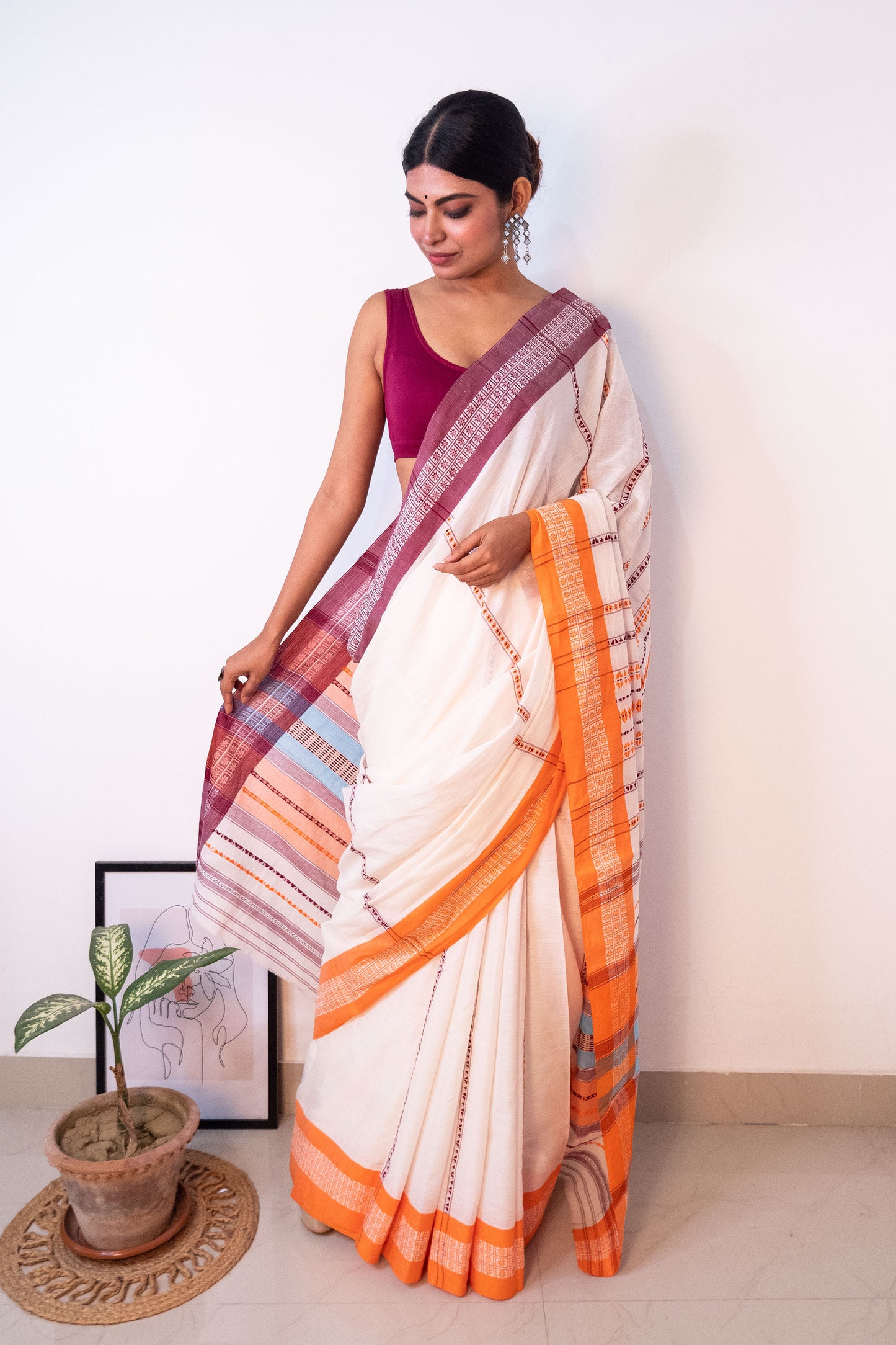 White Begumpuri Cotton Handloom Saree with Ganga Jamuna Borders