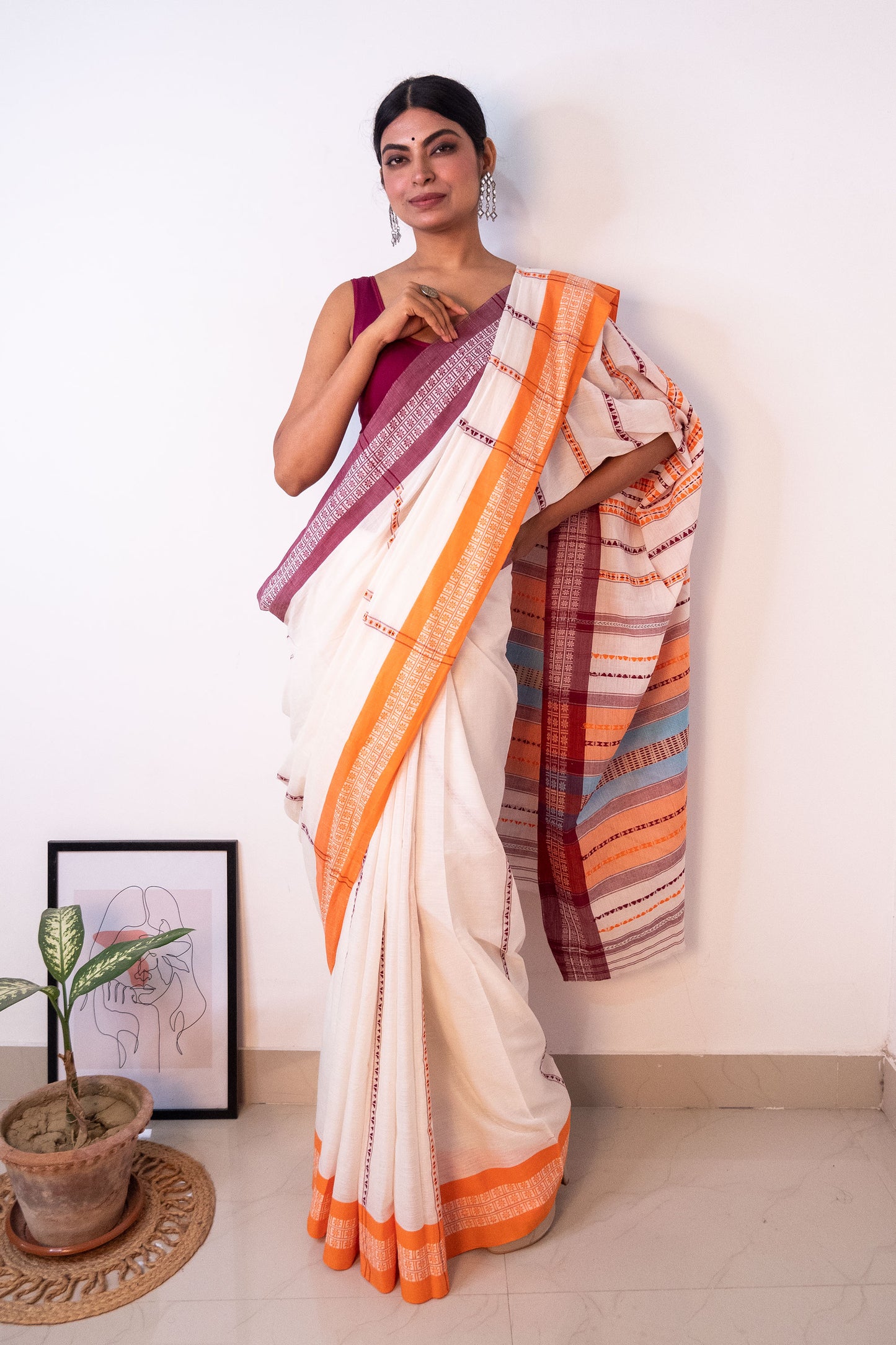 White Begumpuri Cotton Handloom Saree with Ganga Jamuna Borders