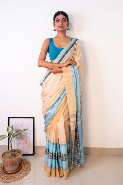 Beige White Cotton Small Check Dhaniakhali Saree with Seablue Skirt Borders