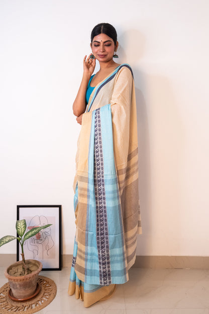 Beige White Cotton Small Check Dhaniakhali Saree with Seablue Skirt Borders