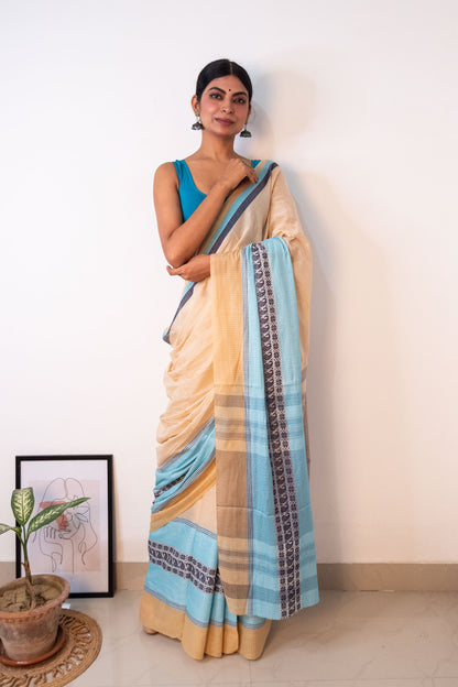 Beige White Cotton Small Check Dhaniakhali Saree with Seablue Skirt Borders