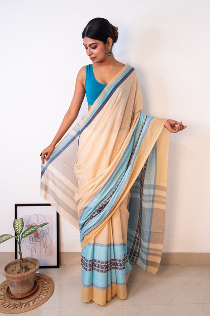 Beige White Cotton Small Check Dhaniakhali Saree with Seablue Skirt Borders