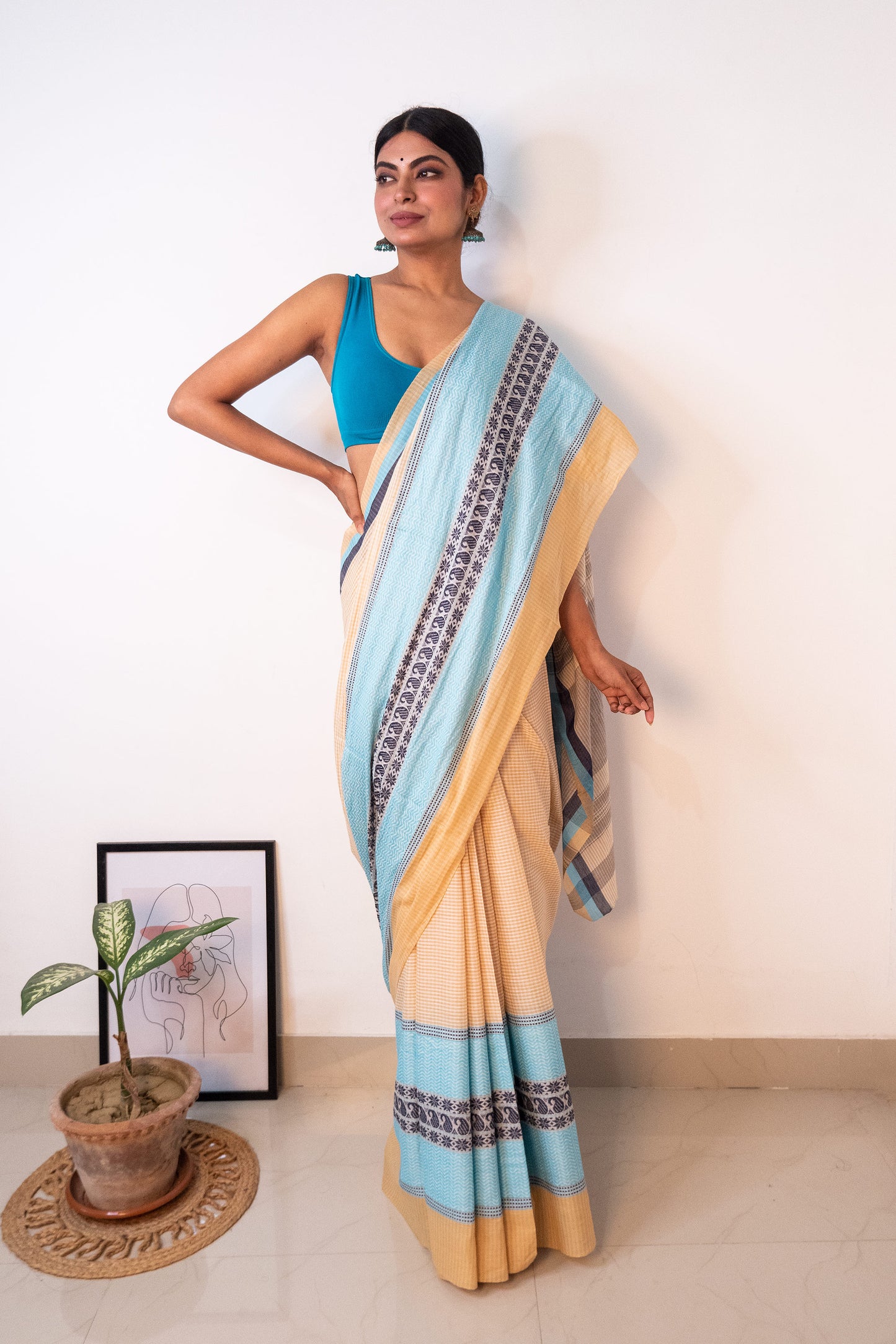 Beige White Cotton Small Check Dhaniakhali Saree with Seablue Skirt Borders