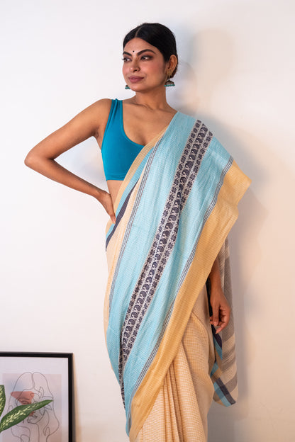 Beige White Cotton Small Check Dhaniakhali Saree with Seablue Skirt Borders