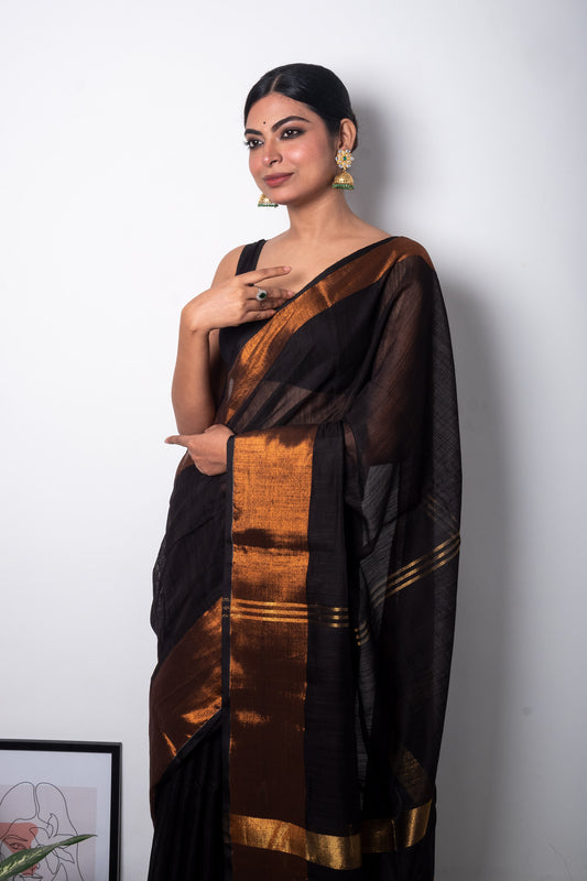 Black Cotton Saree with Zari Border