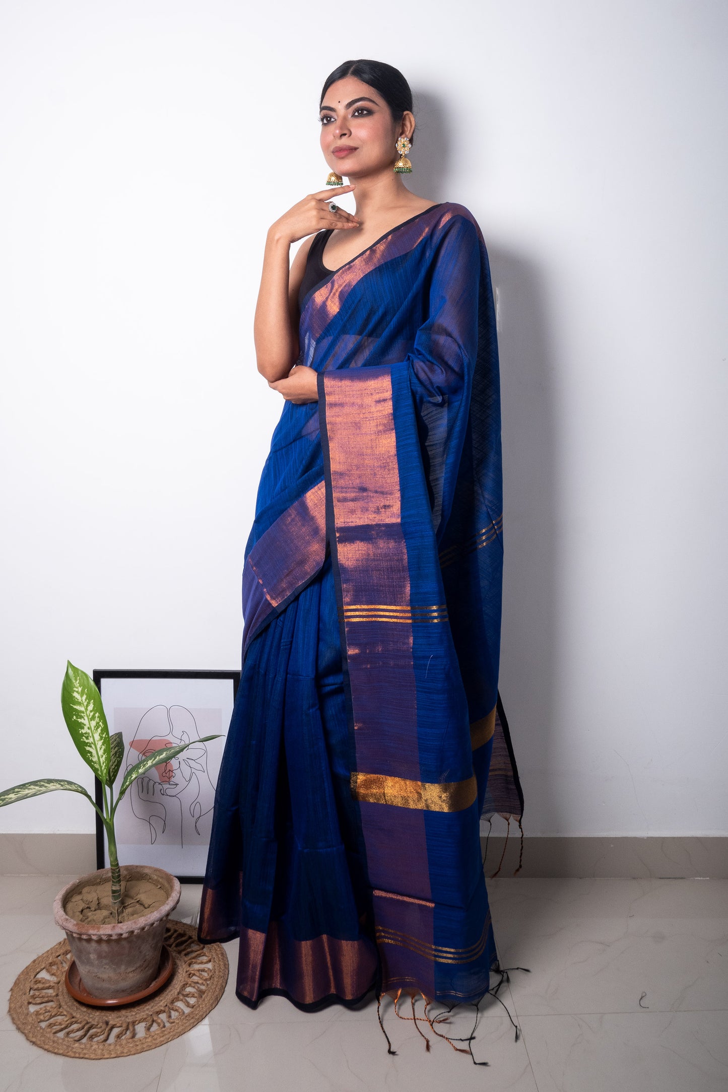 Blue Cotton Saree with Copper Zari Border