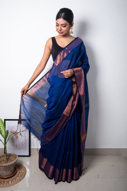 Blue Cotton Saree with Copper Zari Border