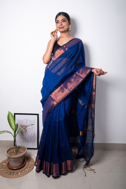 Blue Cotton Saree with Copper Zari Border