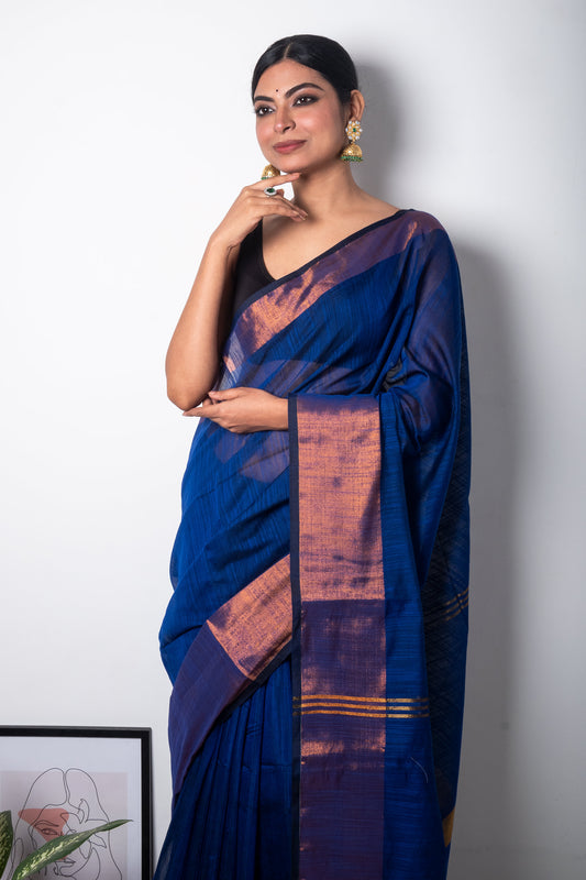 Blue Cotton Saree with Copper Zari Border