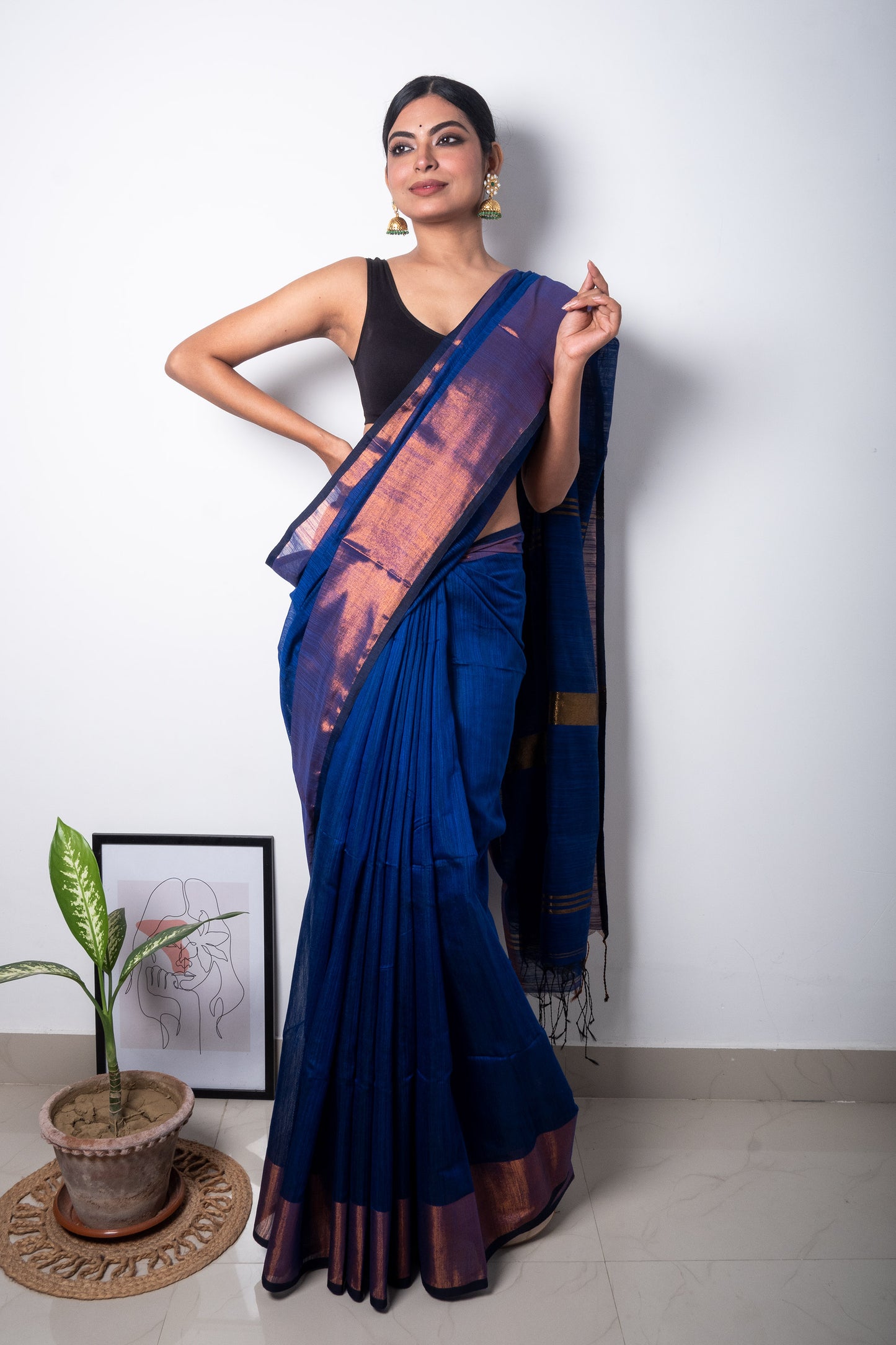 Blue Cotton Saree with Copper Zari Border