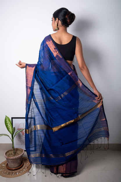 Blue Cotton Saree with Copper Zari Border