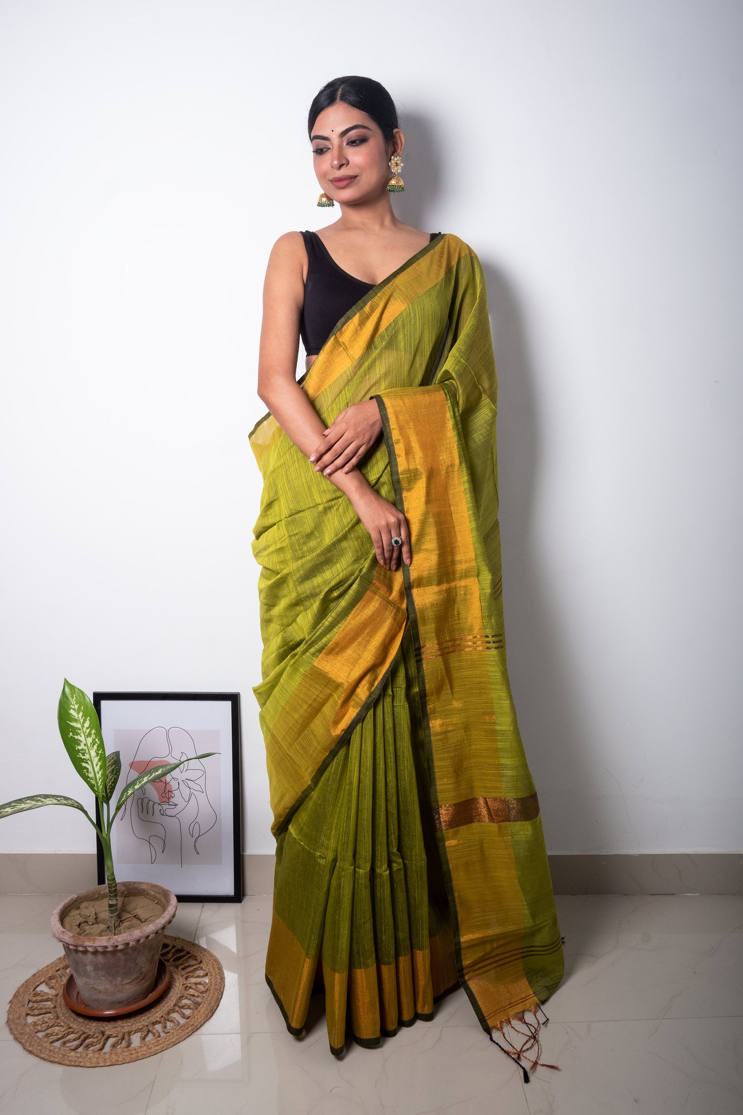 Green Cotton Saree with Zari Border