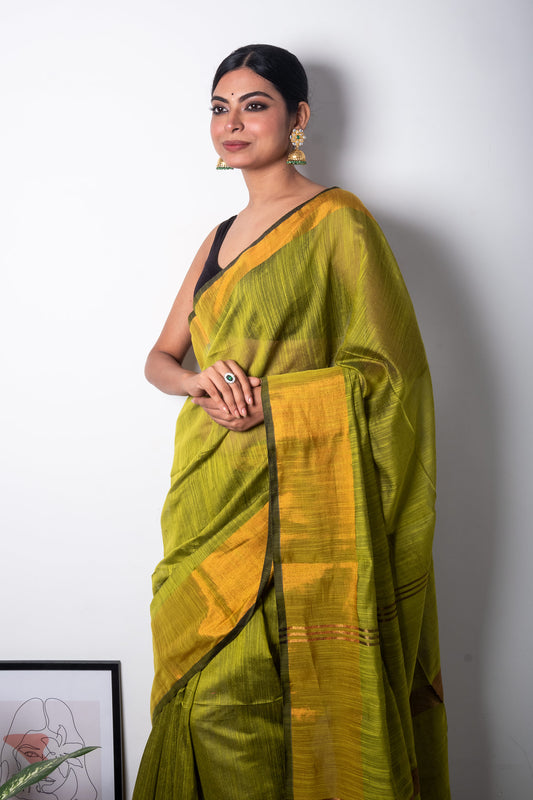 Green Cotton Saree with Zari Border