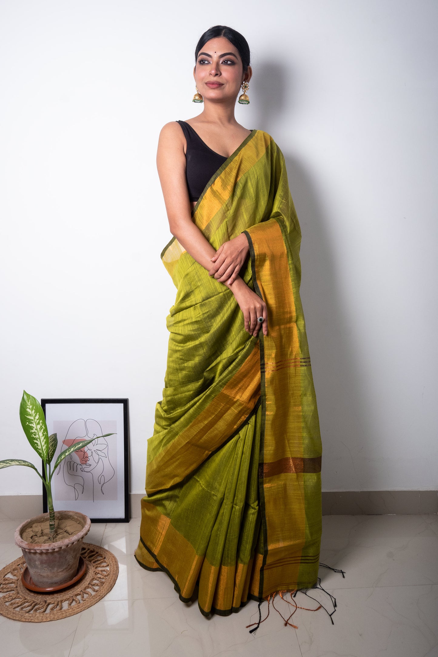 Green Cotton Saree with Zari Border