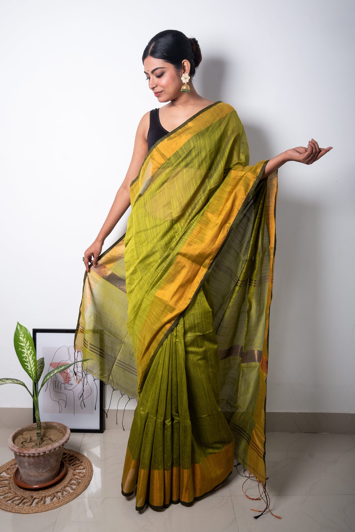 Green Cotton Saree with Zari Border