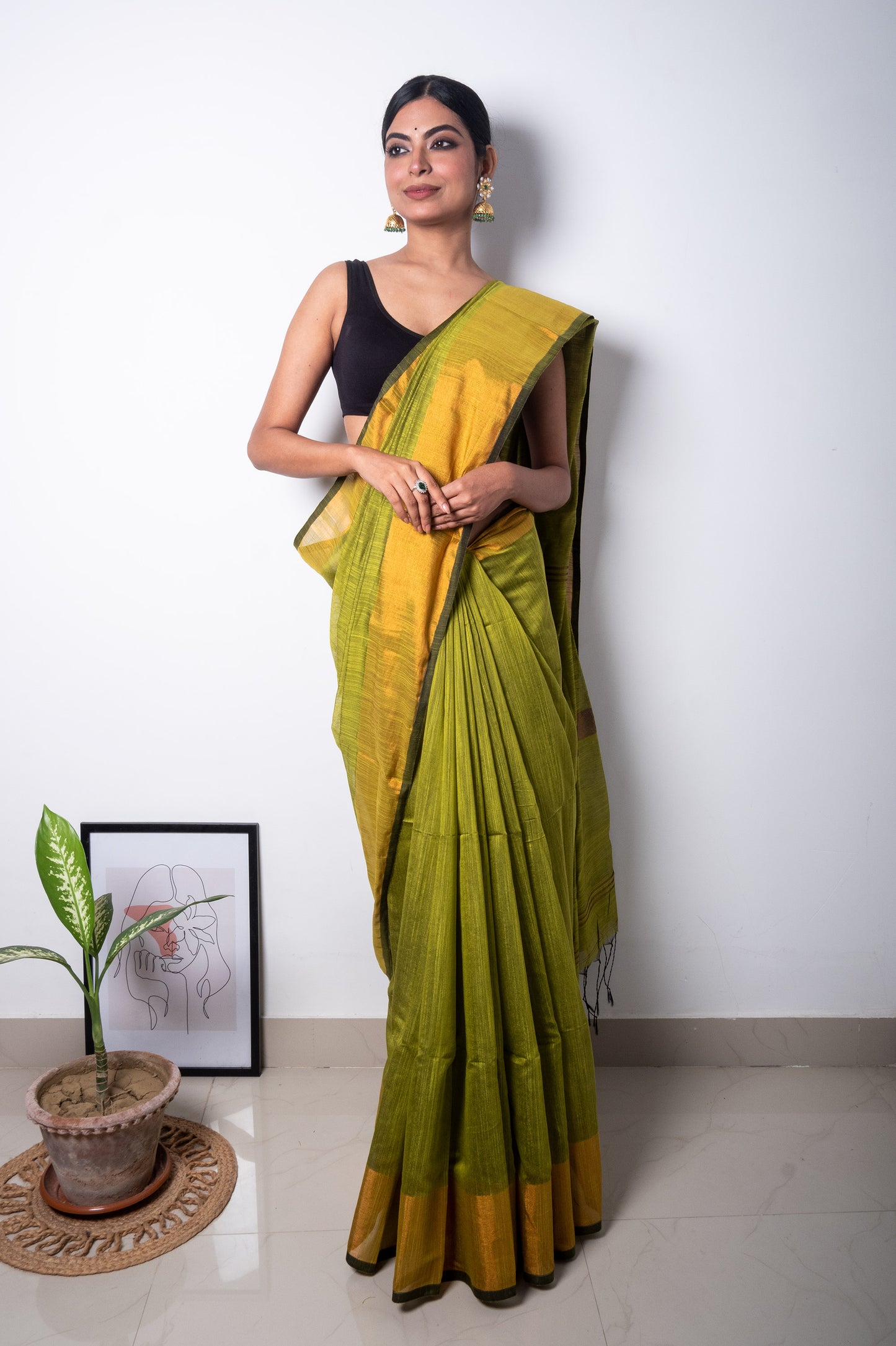 Green Cotton Saree with Zari Border