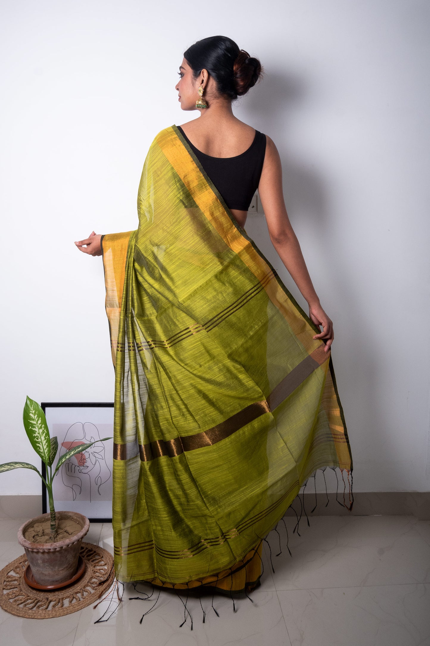 Green Cotton Saree with Zari Border