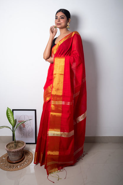 Red Cotton Saree with Zari Border