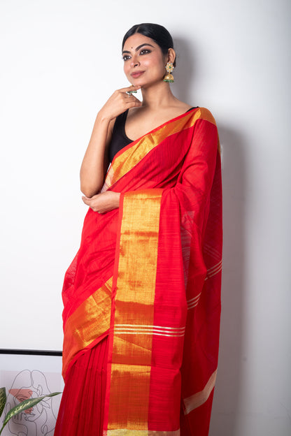 Red Cotton Saree with Zari Border