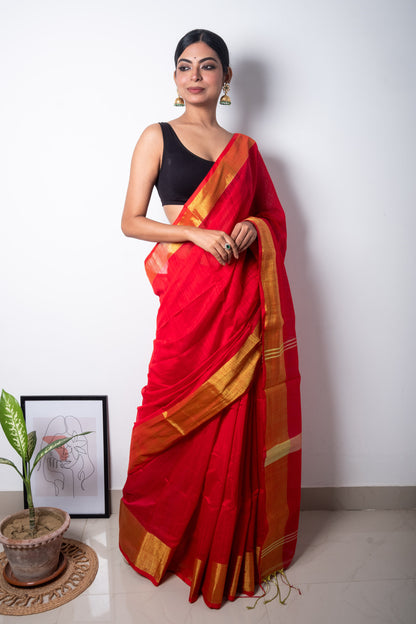 Red Cotton Saree with Zari Border