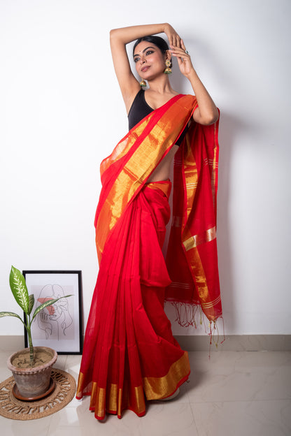 Red Cotton Saree with Zari Border