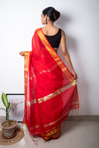 Red Cotton Saree with Zari Border