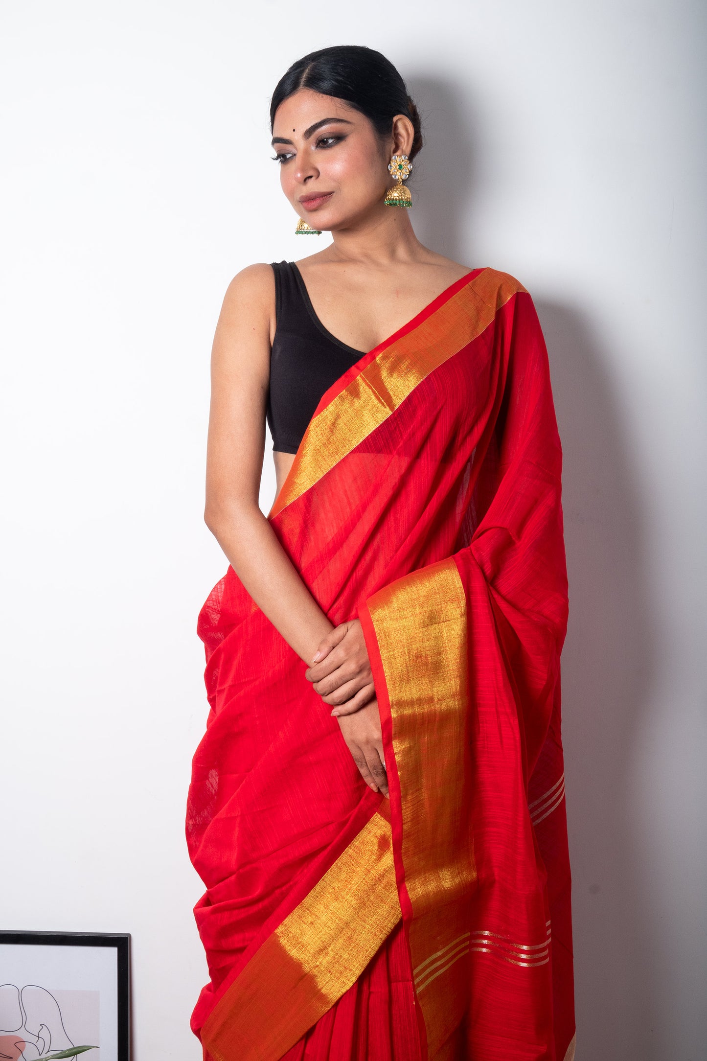 Red Cotton Saree with Zari Border