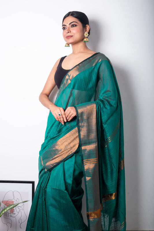 Teal Green Cotton Saree with Zari Border