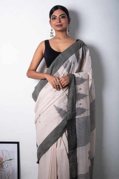 Cream Color Bengal Cotton Saree with Star Woven Palla