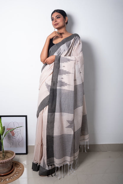 Cream Color Bengal Cotton Saree with Star Woven Palla