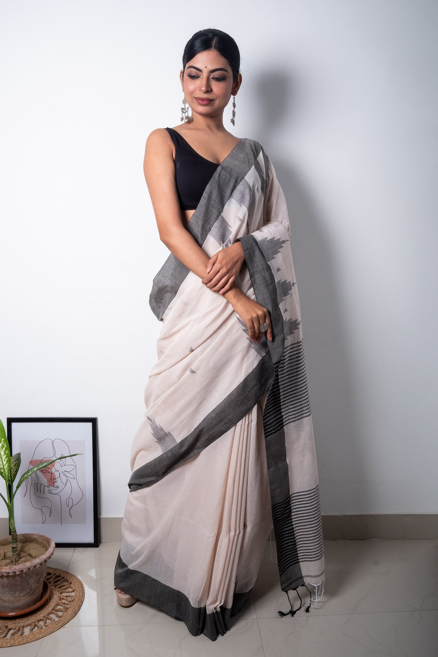 Cream Color Bengal Cotton Saree with Star Woven Palla