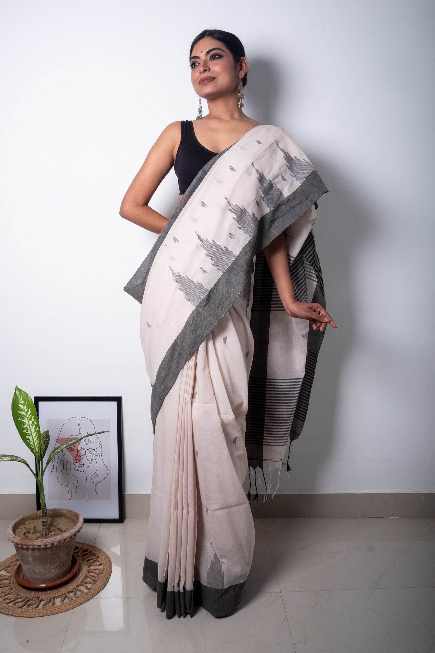 Cream Color Bengal Cotton Saree with Star Woven Palla