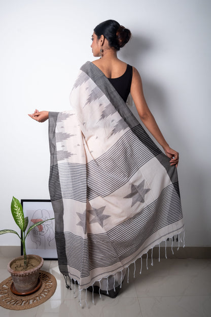 Cream Color Bengal Cotton Saree with Star Woven Palla