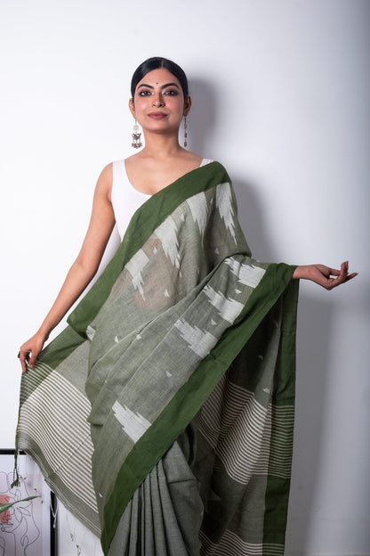 Green Bengal Cotton Saree with Star Woven Palla