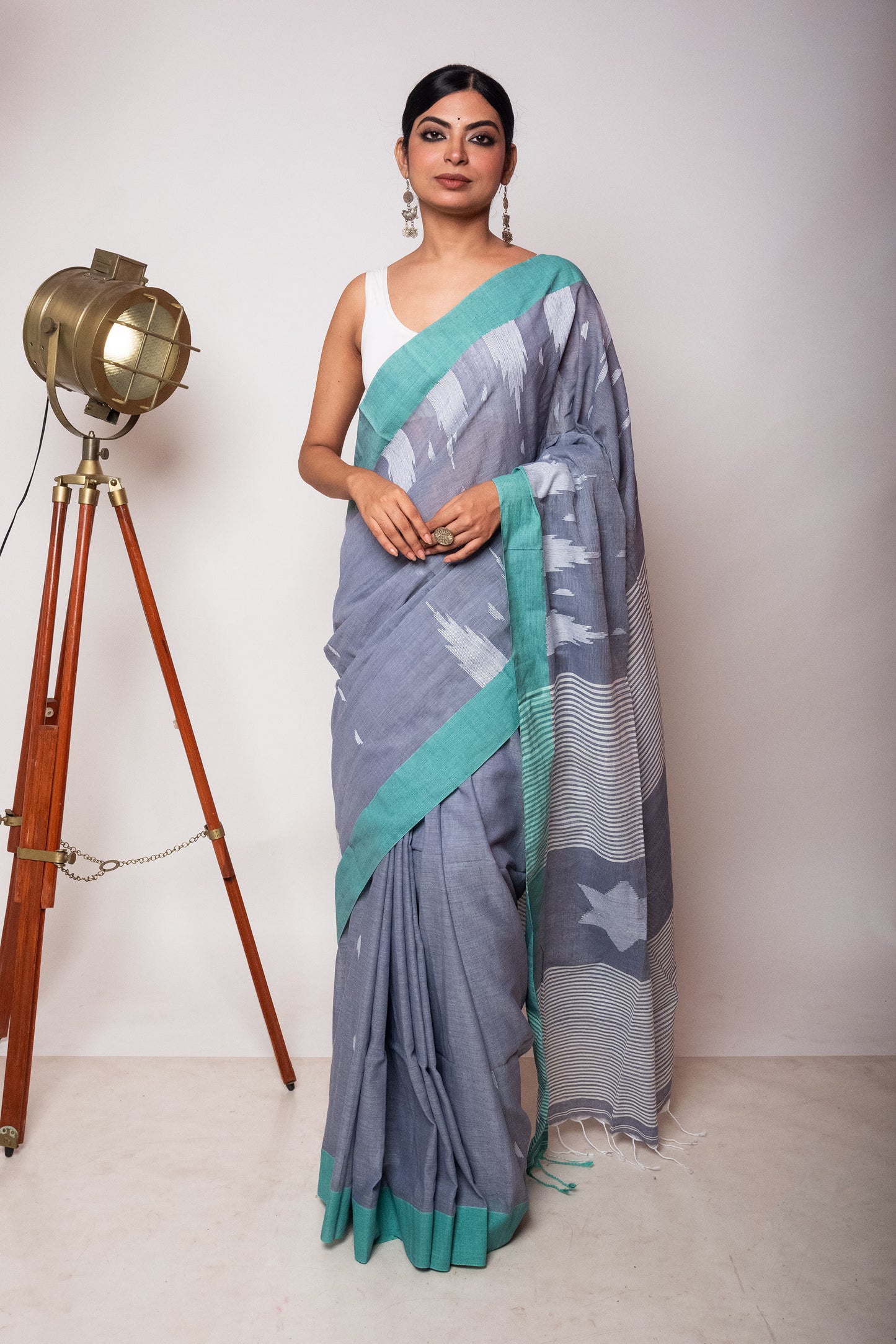 Grey Bengal Cotton Saree with sea green border & Star Woven Palla