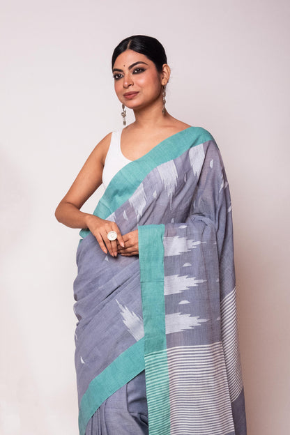 Grey Bengal Cotton Saree with sea green border & Star Woven Palla