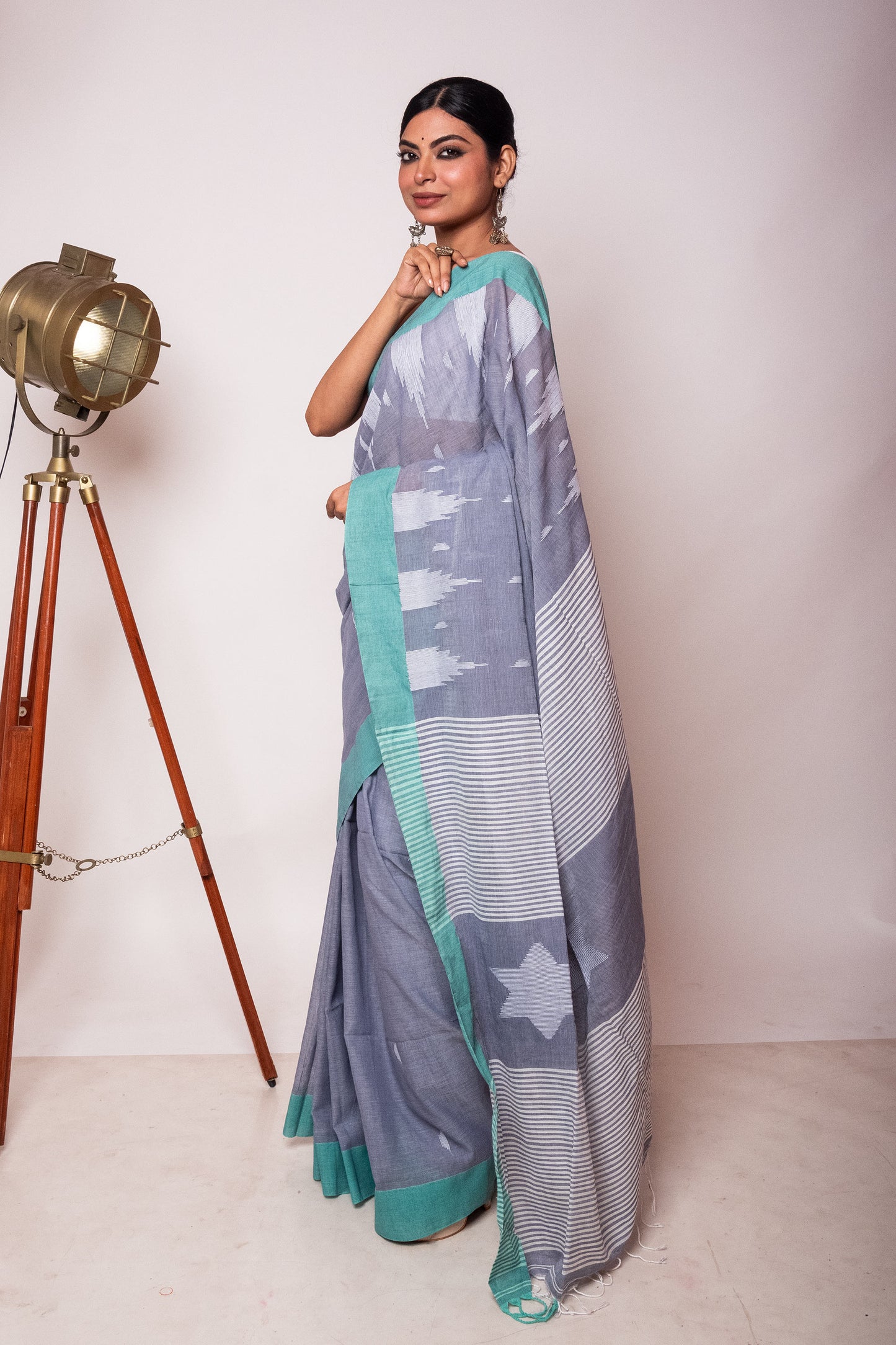 Grey Bengal Cotton Saree with sea green border & Star Woven Palla