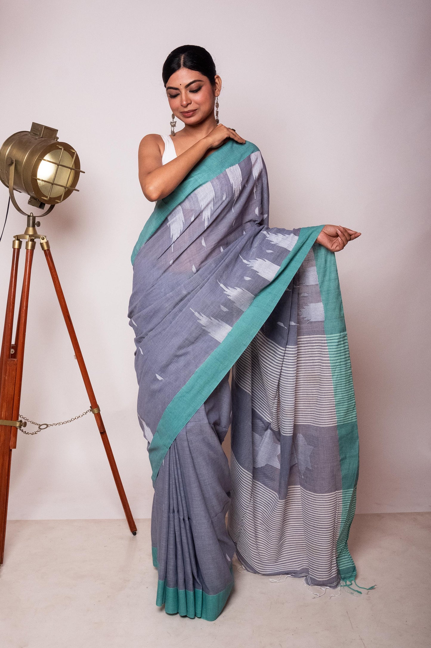 Grey Bengal Cotton Saree with sea green border & Star Woven Palla