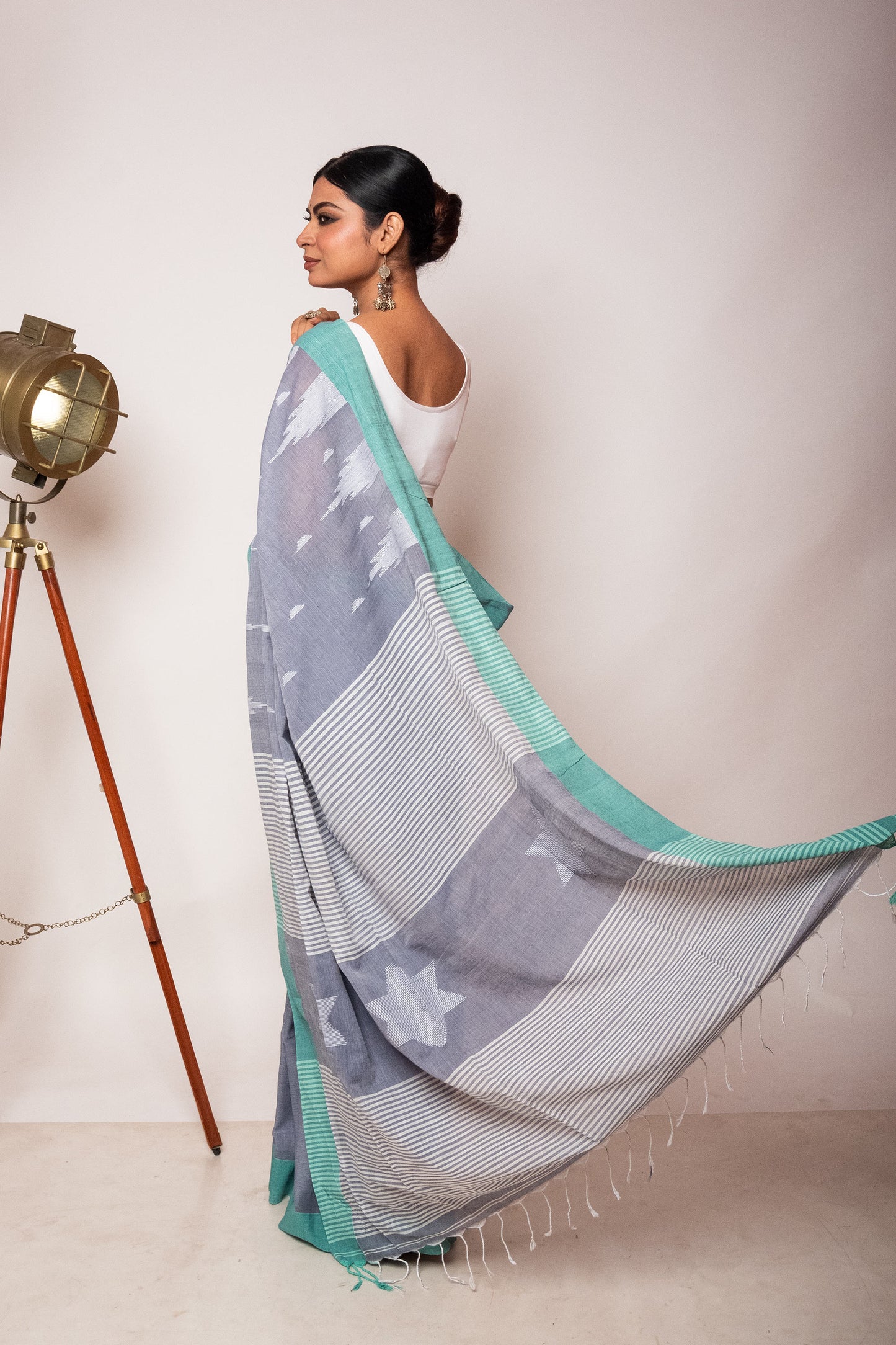 Grey Bengal Cotton Saree with sea green border & Star Woven Palla