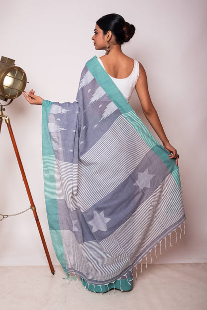 Grey Bengal Cotton Saree with sea green border & Star Woven Palla