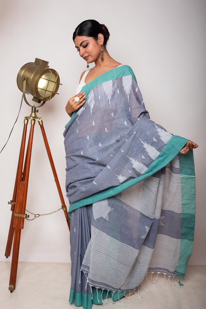 Grey Bengal Cotton Saree with sea green border & Star Woven Palla