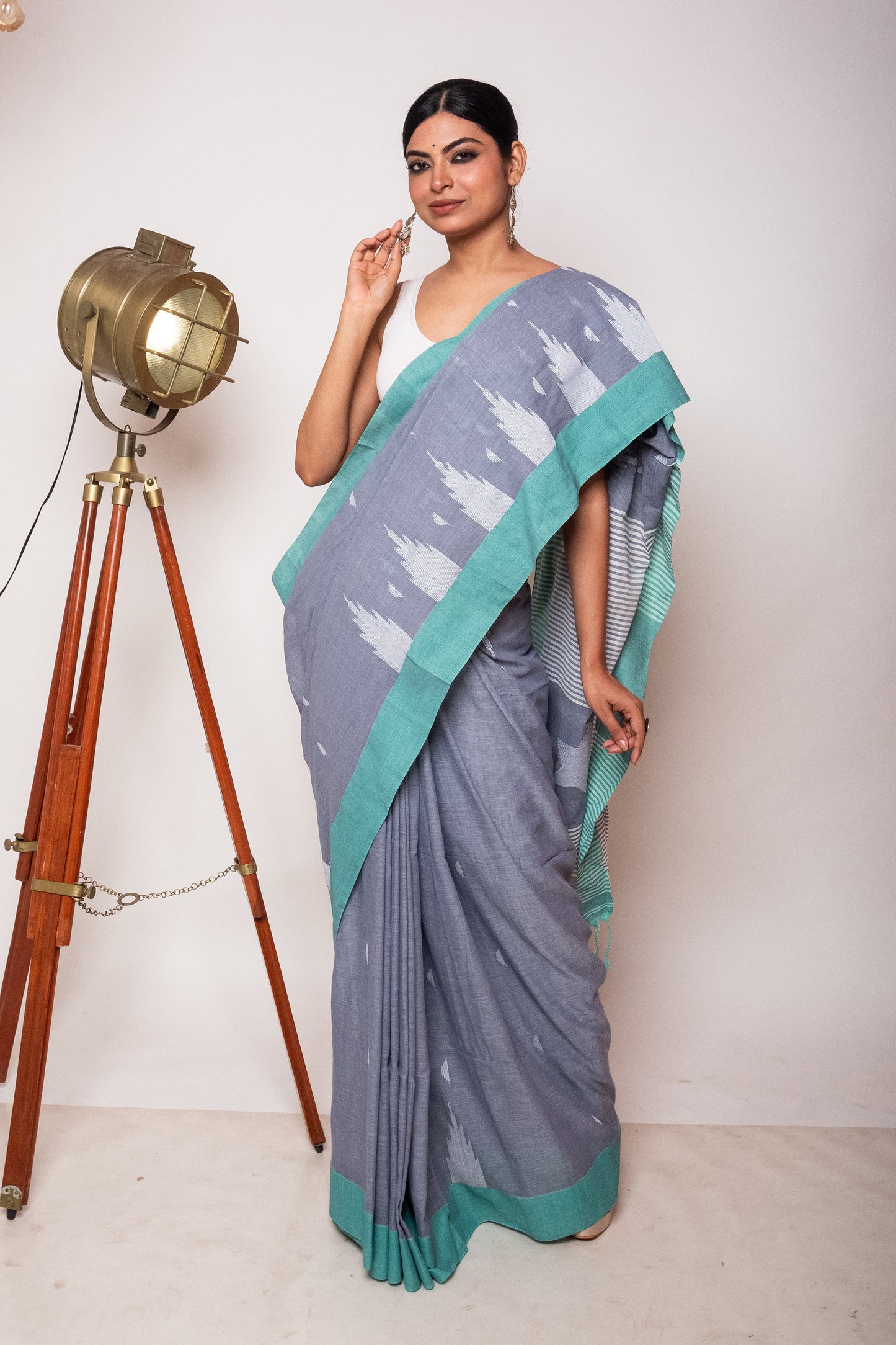 Grey Bengal Cotton Saree with sea green border & Star Woven Palla