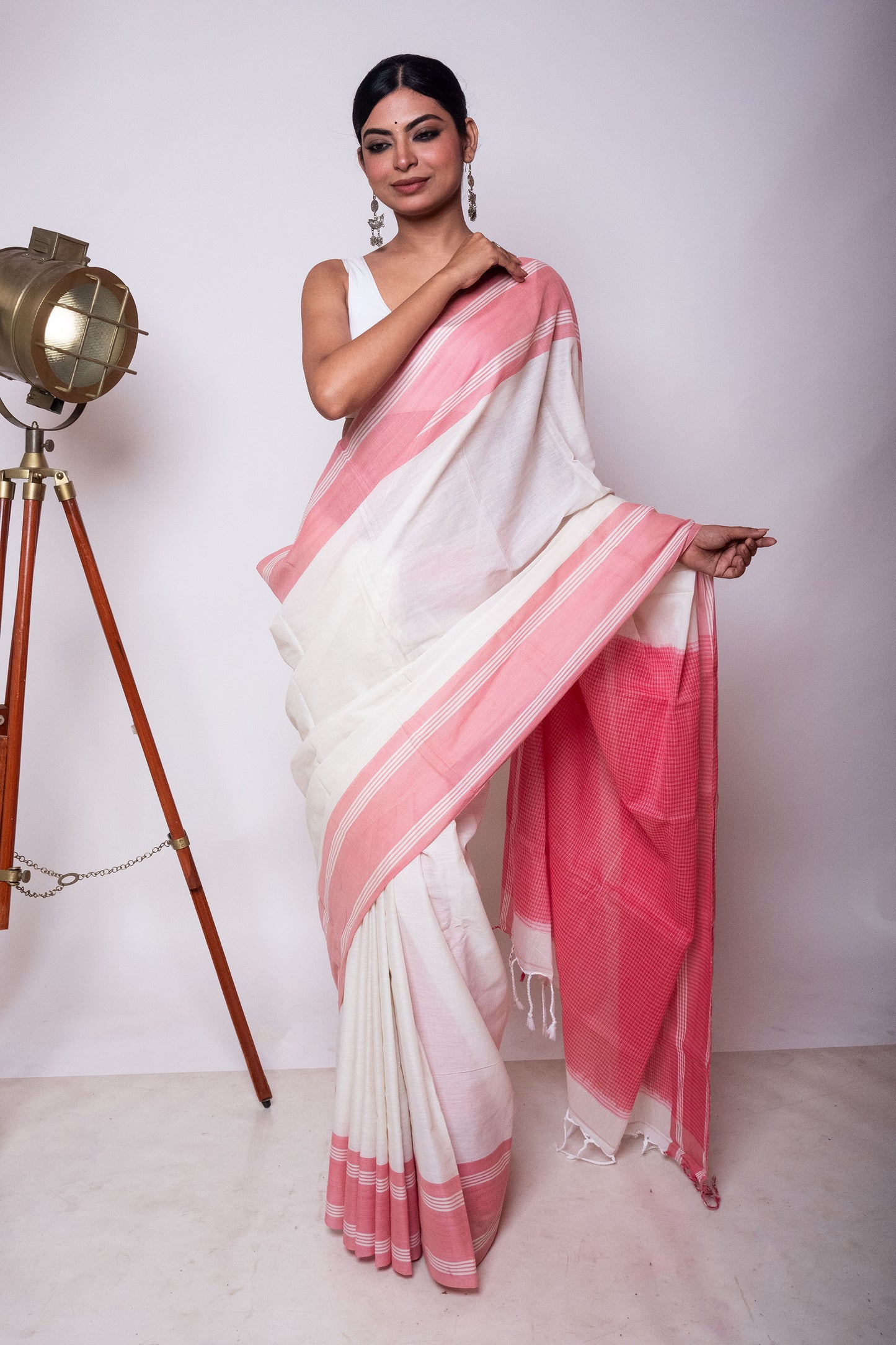 White Bengal Cotton Saree with Pink Check Palla & Blouse