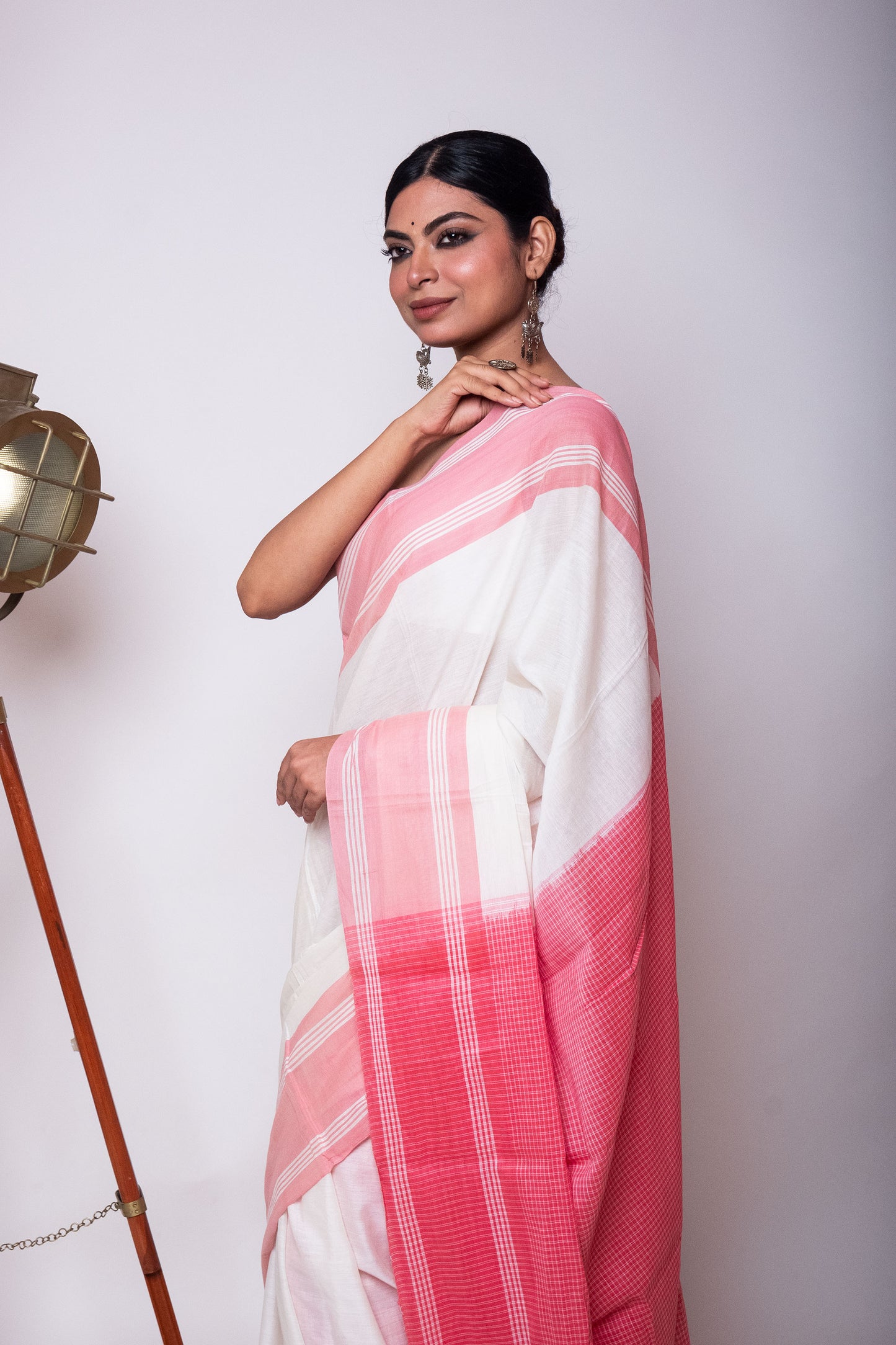 White Bengal Cotton Saree with Pink Check Palla & Blouse