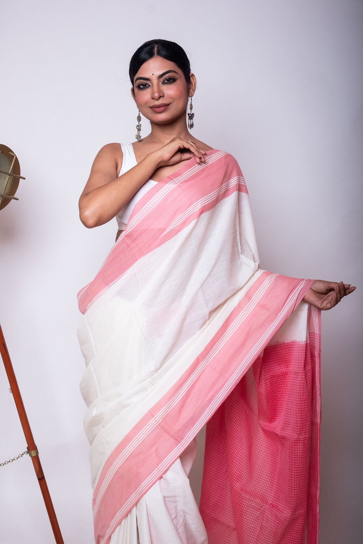 White Bengal Cotton Saree with Pink Check Palla & Blouse